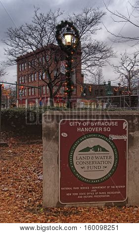 Syracuse New York USA. December 3 2016. Land and Water Conservation Fund Plaque in Hanover Square syracuse New York