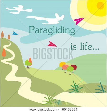 Paragliding is life, nature, landscape, green, vector