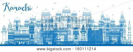 Outline Karachi Skyline with Blue Landmarks. Business Travel and Tourism Concept with Historic Buildings. Image for Presentation Banner Placard and Web Site.