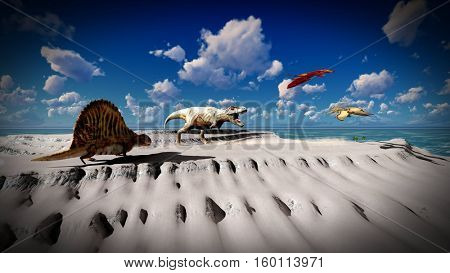 Flying pterodactyl over the land 3d illustration