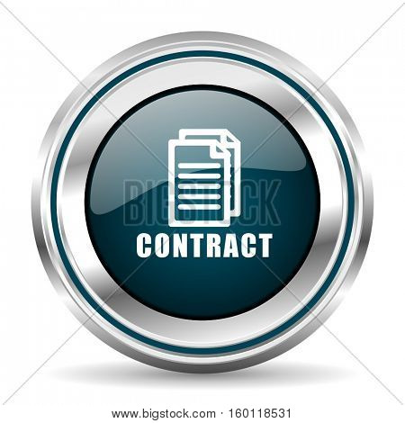 Contract vector icon. Chrome border round web button. Silver metallic pushbutton.

