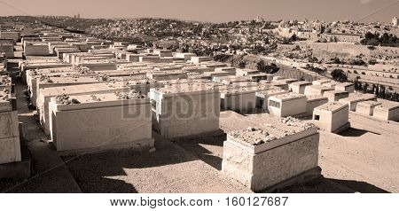 JERUSALEM ISRAEL 23 10 16: Jewish Cemetery on the Mount of Olives, including the Silwan necropolis is the most ancient cemetery in Jerusalem. Burial on the Mount of Olives started some 3,000 years ago