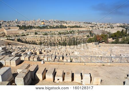 JERUSALEM ISRAEL 23 10 16: Jewish Cemetery on the Mount of Olives, including the Silwan necropolis is the most ancient cemetery in Jerusalem. Burial on the Mount of Olives started some 3,000 years ago