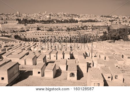 JERUSALEM ISRAEL 23 10 16: Jewish Cemetery on the Mount of Olives, including the Silwan necropolis is the most ancient cemetery in Jerusalem. Burial on the Mount of Olives started some 3,000 years ago