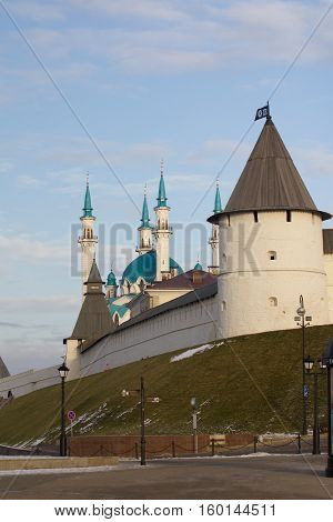 KAZAN, RUSSIA, 19 NOVEMBER 2016 - Kazan Kremlin at sunny winter cold morning, vertical