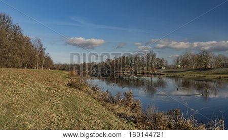 Vltava River In Ceske Budejovice City In Winter Time