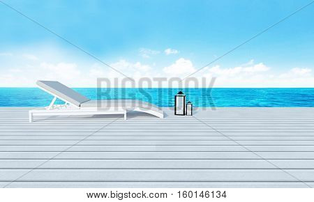 Beach Lounge With Sundeck On Sea View And Blue Sky Background-3D Rendering