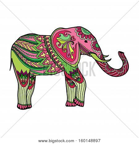 Indian Elephant In Traditional Asian Style. Ornate Elephant In Color Stylized Design For Print, Cerd