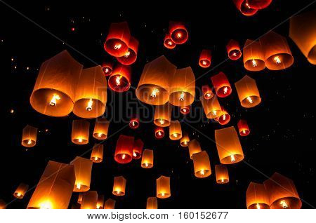 Floating lanterns ceremony or Yee Peng ceremony, traditional Lanna Buddhist ceremony in Chiang Mai, Thailand
