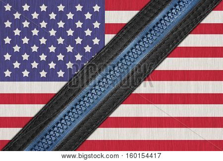 America or American flag on fabric with zipper for connect or separate The political conflict of America or USA has divided into two factions event