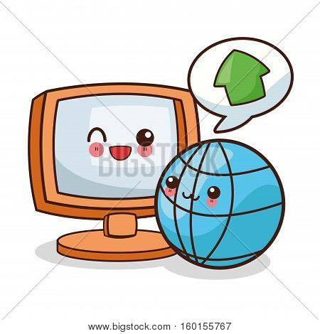 Kawaii computer and global sphere  cartoon icon. Device technology and gadget theme. Isolated design. Vector illustration