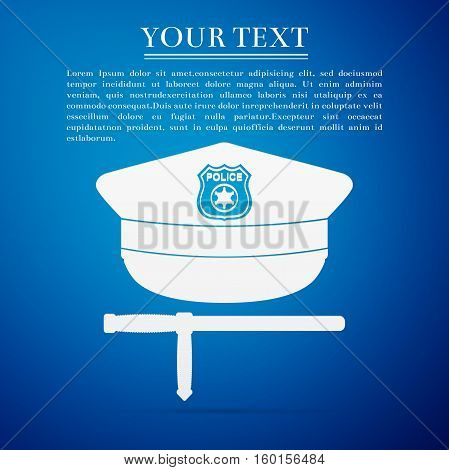 Police cap and baton flat icon on blue background. Policeman uniform. Vector Illustration