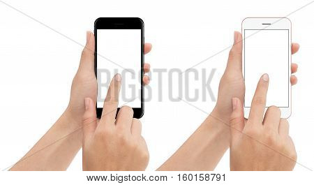 hand touch phone isolated with clipping path on white background mock-up smart phone blank screen