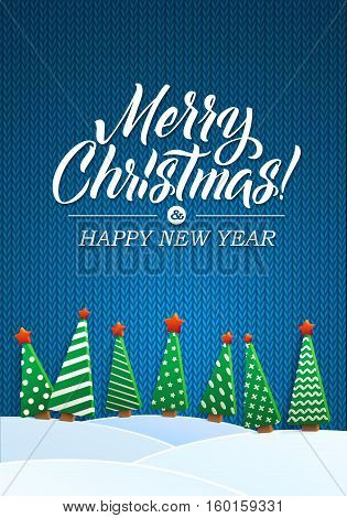 Christmas Greeting Card. Merry Christmas lettering, vector illustration. Volume toys, Christmas trees and snowdrifts. Christmas decorations, greeting illustration.