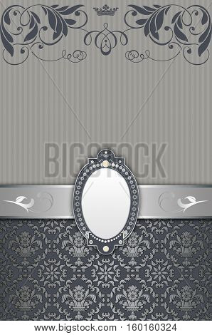 Old-fashioned ornate grey and blue background with decorative border elegant frame and silver vintage patterns.