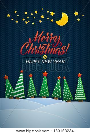 Christmas Greeting Card. Merry Christmas lettering, vector illustration. Volume toys, Christmas trees and snowdrifts. Christmas decorations, greeting illustration.