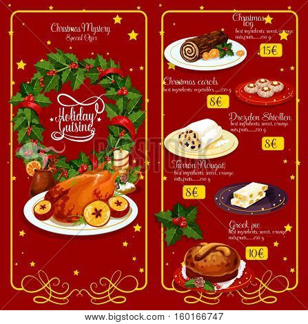 Christmas dinner restaurant menu. Xmas turkey, wine, chocolate cake, greek sweet bread, pie, fruit stollen and spanish nougat with holly berry wreath and candle, framed by vignette with stars