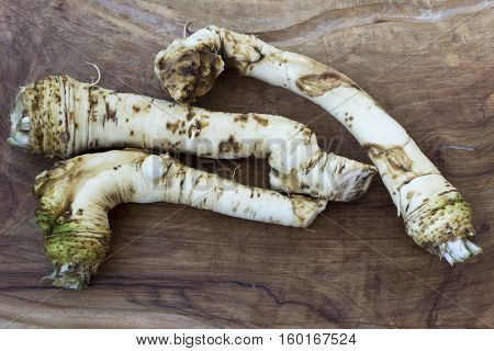 Horseradish root on wooden background - close up