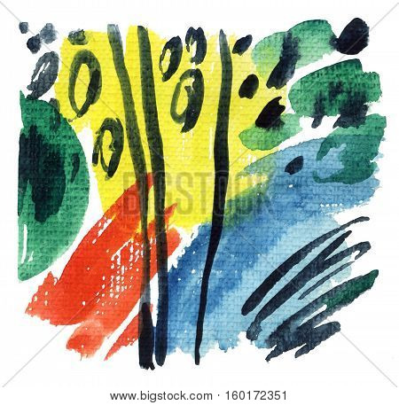 Abstract watercolor background. Modern art painting with brush wet and dry strockes paint stripes on rough textured paper. Hand painted abstract illustration