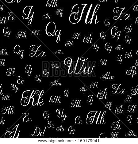Vector pattern with hand written alfabet. Calligraphy white font on the black backdrop. Hand drawn letters seamless background. Uppercase and lowercase letters of the alphabet.