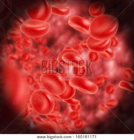 Red blood cell flowing in vein or artery. 3d render. Healthcare and medical zoom concept.