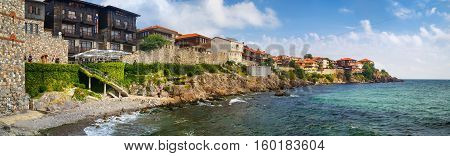 SOZOPOL BULGARIA SEPTEMBER 03 2014: Seaside resort and old town Sozopol in Bulgaria. Old town Sozopol was founded in the 7th century BC on the Black sea coast Bulgaria. Panoramic shot.