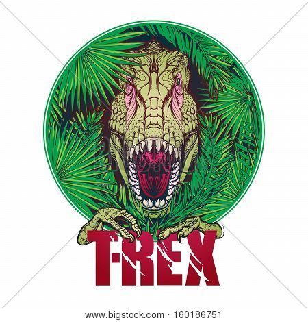 Detailed sketch style drawing of the roaring tirannosaurus rex head on a decoratve bunch of tropical leaves and flowers. Black and white sketch isolated on white background. EPS10 vector illustration.