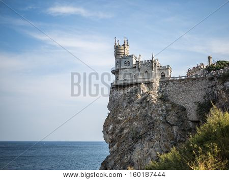 The decorative Neo-Gothic castle Swallow's Nest on the rock over the Black Sea. Gaspra. Crimea