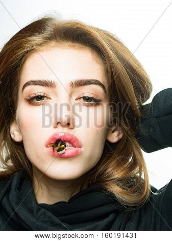 Sexy Girl With Bee On Red Lips