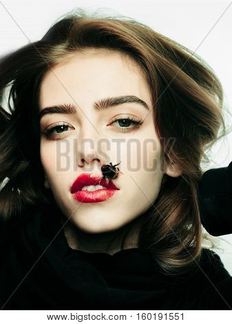 Sexy Girl With Bee On Red Lips