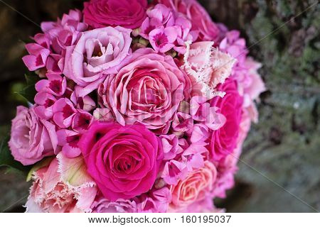 Pink wedding bouquet on a tree different shades of pink