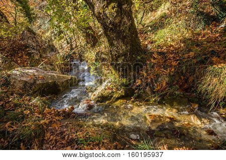 Scenic Mountain Autumn Landscape With River And   Watergfalls, Peloponnese, Greece