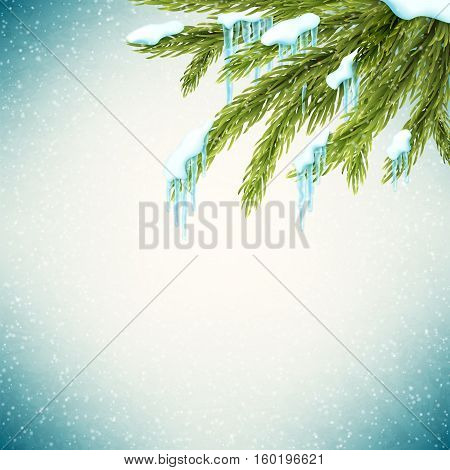 Realistic christmas background with fir tree and icicles , vector illustration