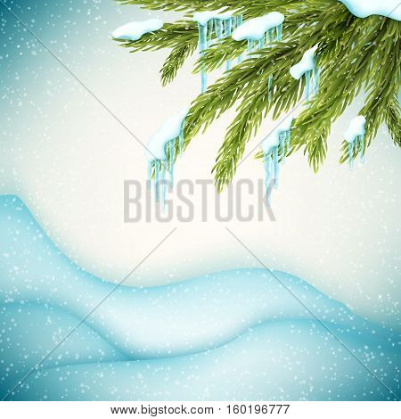 Realistic christmas background with fir tree and icicles , vector illustration