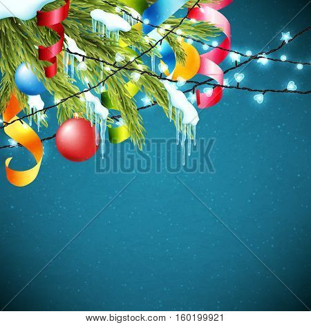 Realistic christmas background with fir tree, snow, icicles, balls, ribbons and sparkling lights , vector illustration
