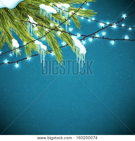 Realistic christmas background with fir tree, snow, icicles and sparkling lights , vector illustration