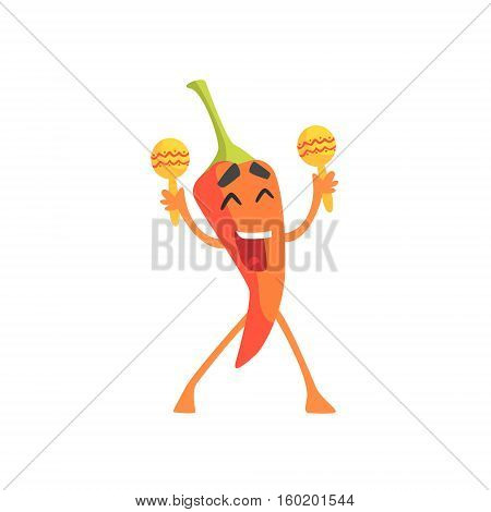 Happy Red Hot Chili Pepper Humanized Emotional Flat Cartoon Character With Maracas At The Party. Funny Spicy Vegetable Flat Vector Emoji In Childish Manner.