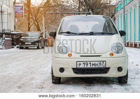 Smolensk, Russia - November 12, 2016: Daewoo Matiz (Chevrolet Spark) parked in winter street
