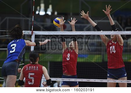Rio de Janeiro Brazil - august 06 2016: Hyo Hee Lee and Hyo Jin Yang player during volleyball game Japan (JPN) vs Korea (KOR) in maracanazinho in the Olympics Games Rio 2016
