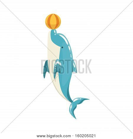 Blue Bottlenose Dolphin Balancing A Ball For Entertainment Show, Realistic Aquatic Mammal Vector Drawing. Friendly Cute Marine Animal In Aquarium Zoo Cartoon Illustration.