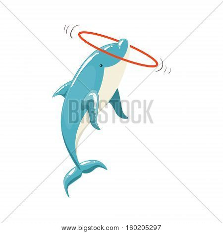 Blue Bottlenose Dolphin Holding Hula-Hoop For Entertainment Show, Realistic Aquatic Mammal Vector Drawing. Friendly Cute Marine Animal In Aquarium Zoo Cartoon Illustration.
