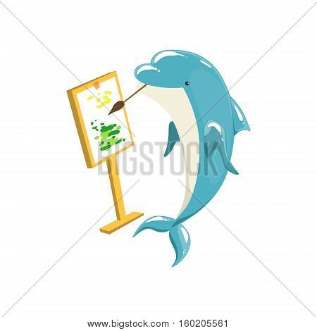 Blue Bottlenose Dolphin Painting On Canvas For Entertainment Show, Realistic Aquatic Mammal Vector Drawing. Friendly Cute Marine Animal In Aquarium Zoo Cartoon Illustration.