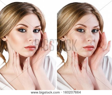 Comparison portrait of young blond woman before and after retouch