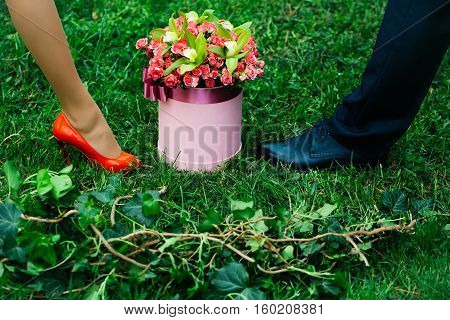 Beautiful flowers blossoming roses in gift box with pink ribbon bow with female and male legs outdoors on green grass on natural background
