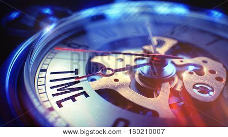 Vintage Pocket Clock Face with Time Text, Close Up View of Watch Mechanism. Business Concept. Lens Flare Effect. Pocket Watch Face with Time Text on it. Business Concept with Film Effect. 3D.