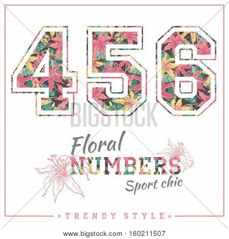 Vector floral numbers for t-shirts, posters, card and other uses. Sport chic. Trendy style.