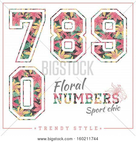 Vector floral numbers for t-shirts, posters, card and other uses. Sport chic. Trendy style.