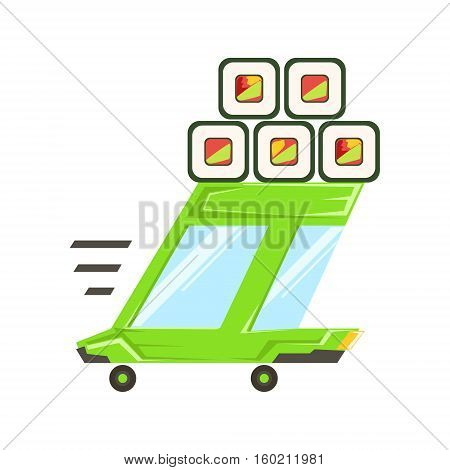 Fast Delivery Service Green Car With Japanese Sushi Rolls On The Roof Going To Deliver Food. Cartoon Vector Illustration From The Collection Of Asian Food Takeout Company Process Of Office And Home Food Delivery.