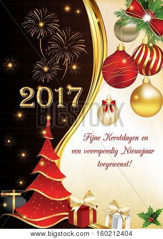 Fijne Kerstdagen en een voorspoedig Nieuwjaar toegewenst! (Wishing you a Merry Christmas and a prosperous New Year!) - corporate greeting card for New Year 2017. Print colors used. Size of a postcard