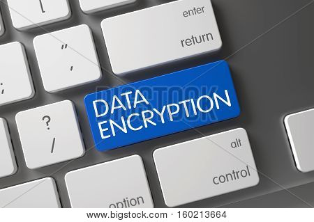 Concept of Data Encryption, with Data Encryption on Blue Enter Key on Aluminum Keyboard. 3D Illustration.